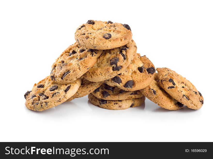 Stack of chocolate chip cookies isolated on a white background.