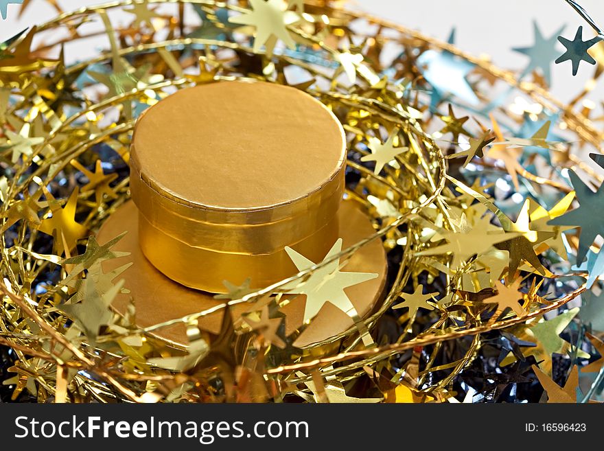 Gold Christmas decoration with gold gifts box. Gold Christmas decoration with gold gifts box.