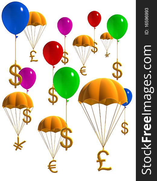 Currency symbols in balloons and parachute