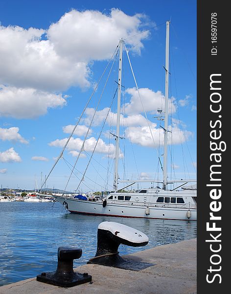 Sailboat moored in the port of Ibiza.