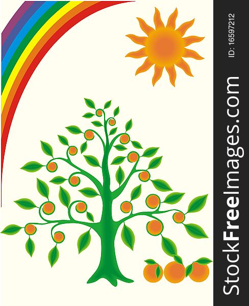 Picture of orange tree with fruit on a sunny day with rainbow