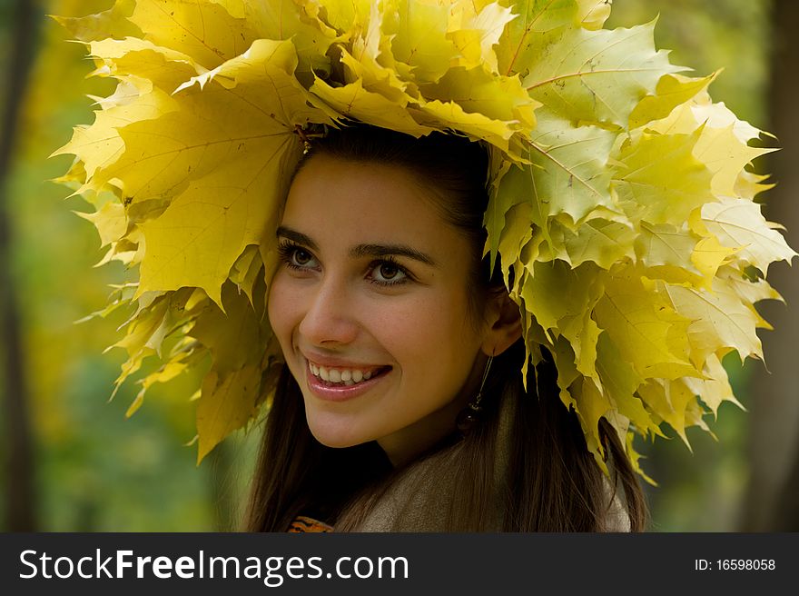 The young girl smiles in leaves. The young girl smiles in leaves