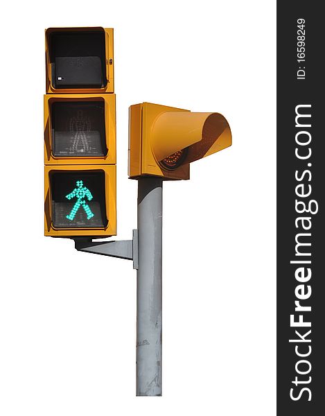 Isolated pedestrian lights with green light shining. Isolated pedestrian lights with green light shining