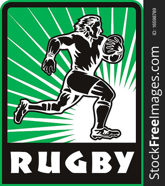 Retro style illustration of a Rugby player running with ball and sunburst in background with words rugby