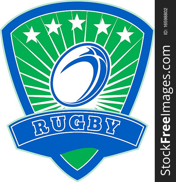 Illustration of a rugby ball with stars and sunburst set inside shield with words rugby. Illustration of a rugby ball with stars and sunburst set inside shield with words rugby