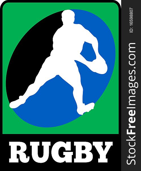 Illustration of a silhouette of Rugby player running passing run ball with words rugby