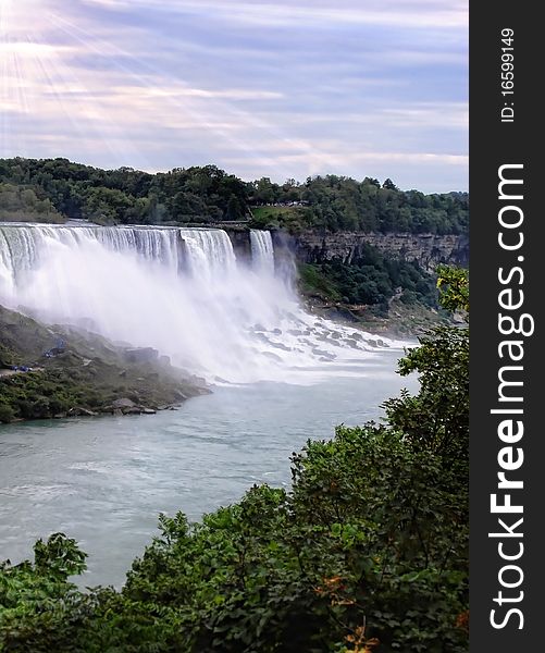 Rushing waterfalls at Niagara falls tourist area