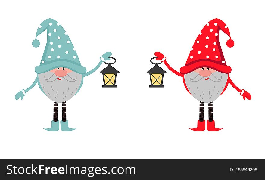 Cute funny dwarf in a hat holding a lantern. A small leprechaun with a beard