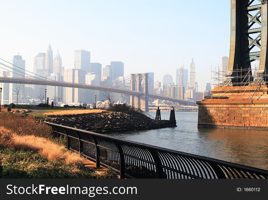 Brooklyn bridge looking west to Manhattan