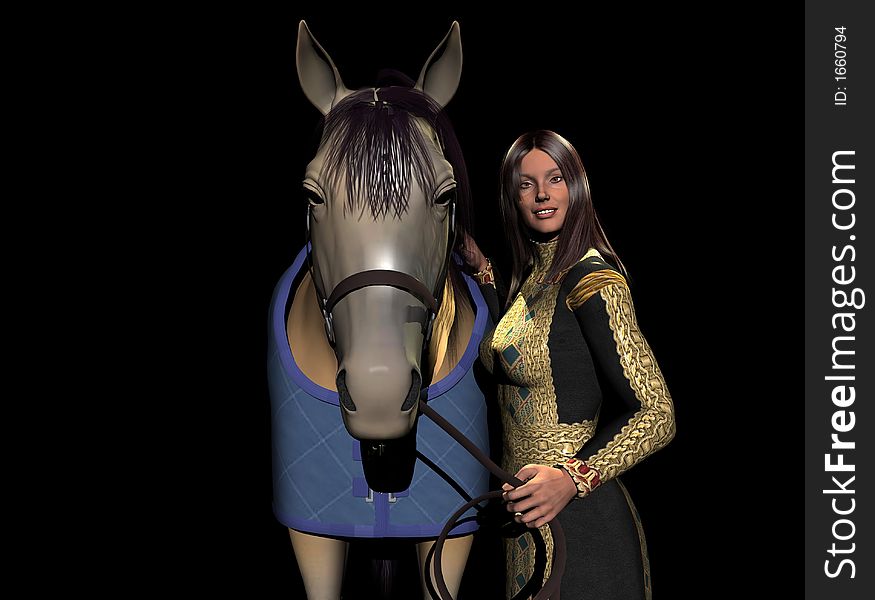 Angie enjoys a quiet moment with her horse, Tippie.  3D Models, computer generated by Bryce. Angie enjoys a quiet moment with her horse, Tippie.  3D Models, computer generated by Bryce