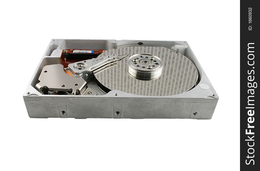 Isolated close up of an open hard disk with binary numbers on the platter. Isolated close up of an open hard disk with binary numbers on the platter