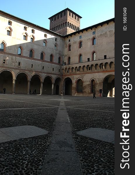 Picture of the interior courtyard of Sforzesco Castle in Milan, Italy.