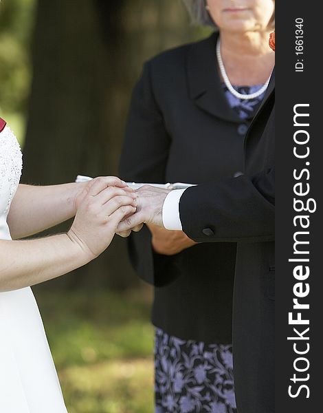 The exchanging of the wedding rings during a ceremony. The exchanging of the wedding rings during a ceremony