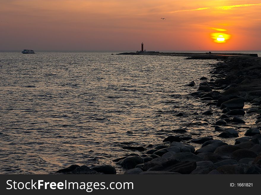 Sunset, sea, water, evening, reflections, sand. Sunset, sea, water, evening, reflections, sand