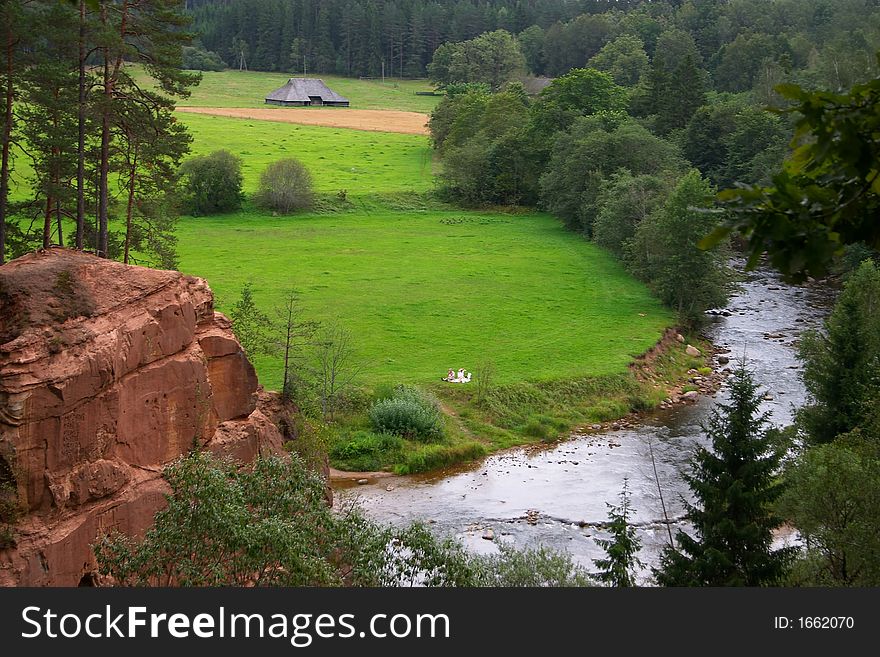 Summer, green field, forest, rock, river