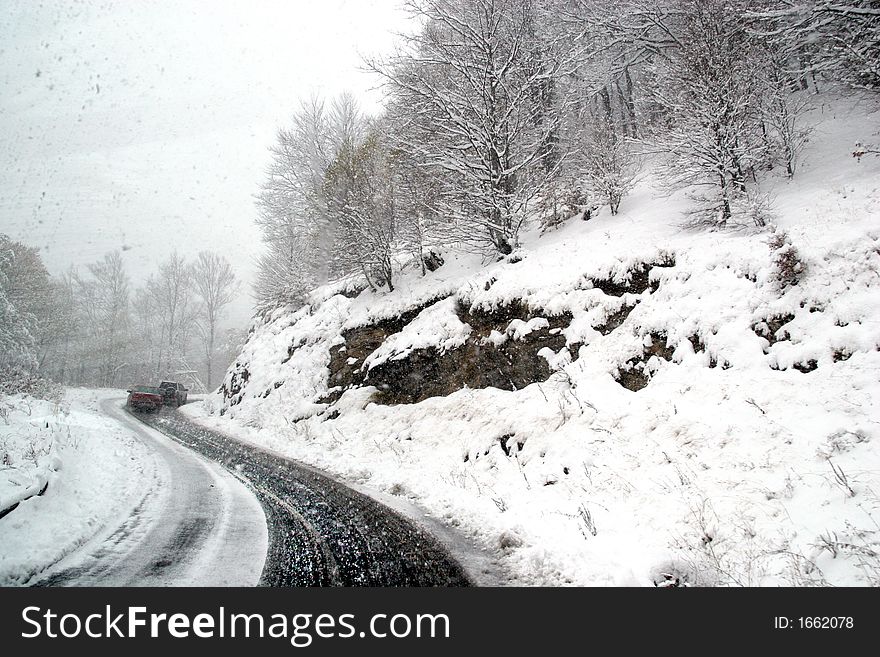 Details snow road in forest