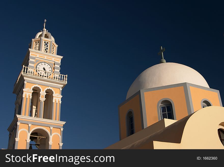 Santorini, Greece, churc, belltower with clocks