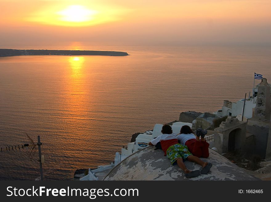 Traditional greek village, Oia, Santorini, Greece, sunset