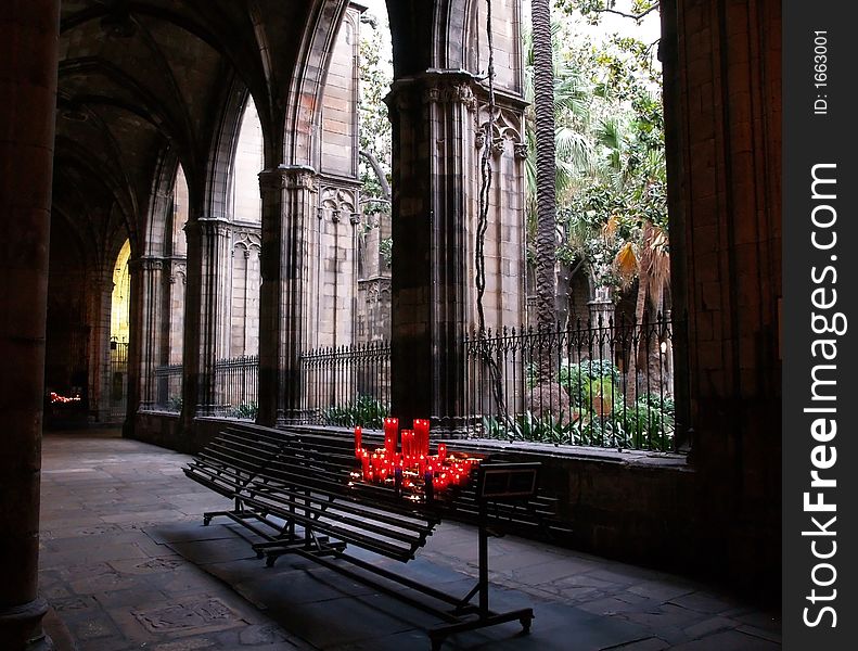 The red candles in a church in Madrid