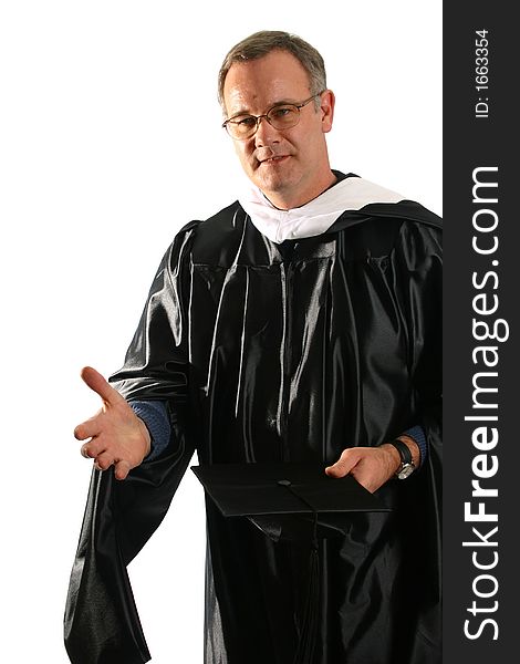 Professor in robe, regalia, with welcoming gesture. Professor in robe, regalia, with welcoming gesture