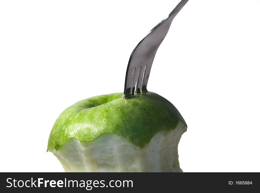 Apple, autumn, crutch, cutlery, diet, drew, drop, eat, fall, fork, fruit, green, prong, vitamin, water, yellow,