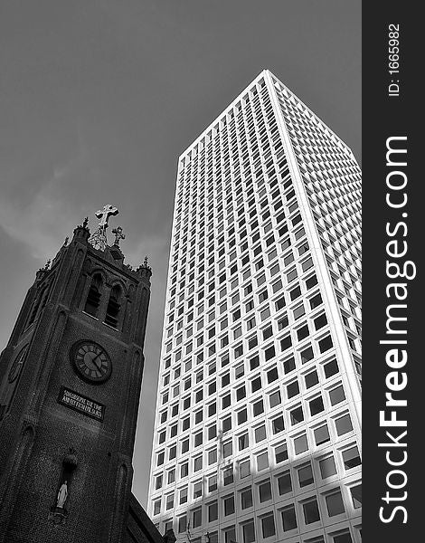 Picture of old church and modern building in San Francisco downtown. Picture of old church and modern building in San Francisco downtown.