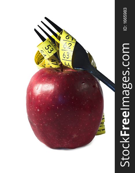 Apple, autumn, centimeter, centimetre, crutch, cutlery, diet, drew, drop, eat, fall, fork, fruit, loose, measure, prong, red, vitamin, water, weight, yellow,