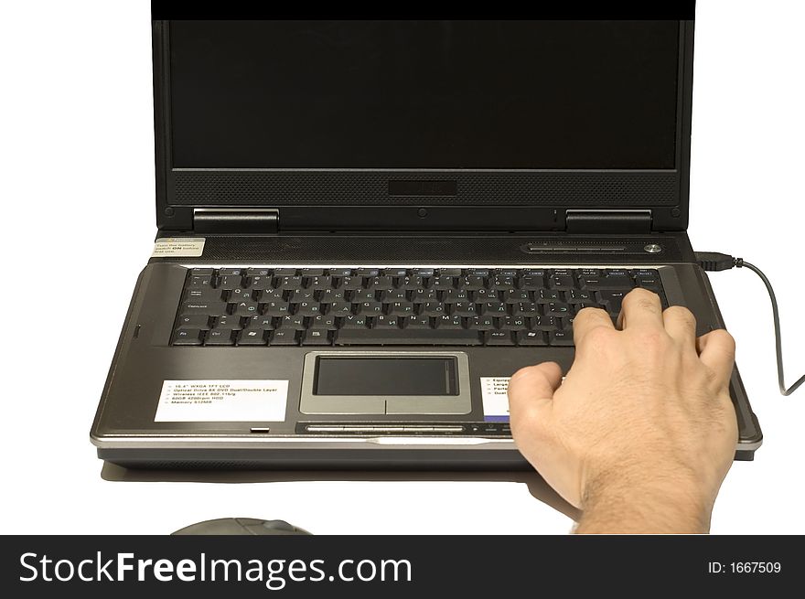 Series Black object on white: notebook with men hands