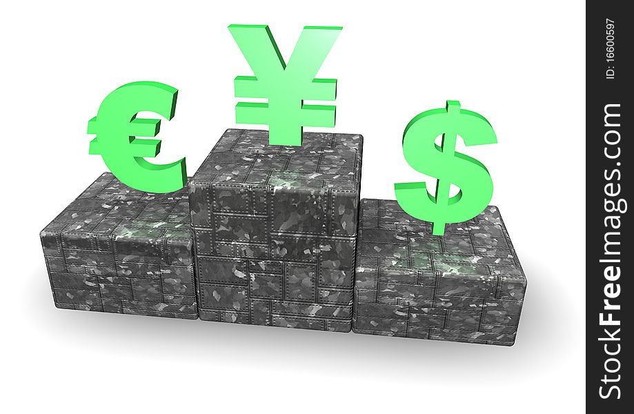 Dollar, Euro and Yen signs on Podium. Dollar, Euro and Yen signs on Podium