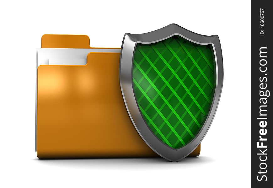 3d illustration of folder protected by green shield, information protect concept. 3d illustration of folder protected by green shield, information protect concept