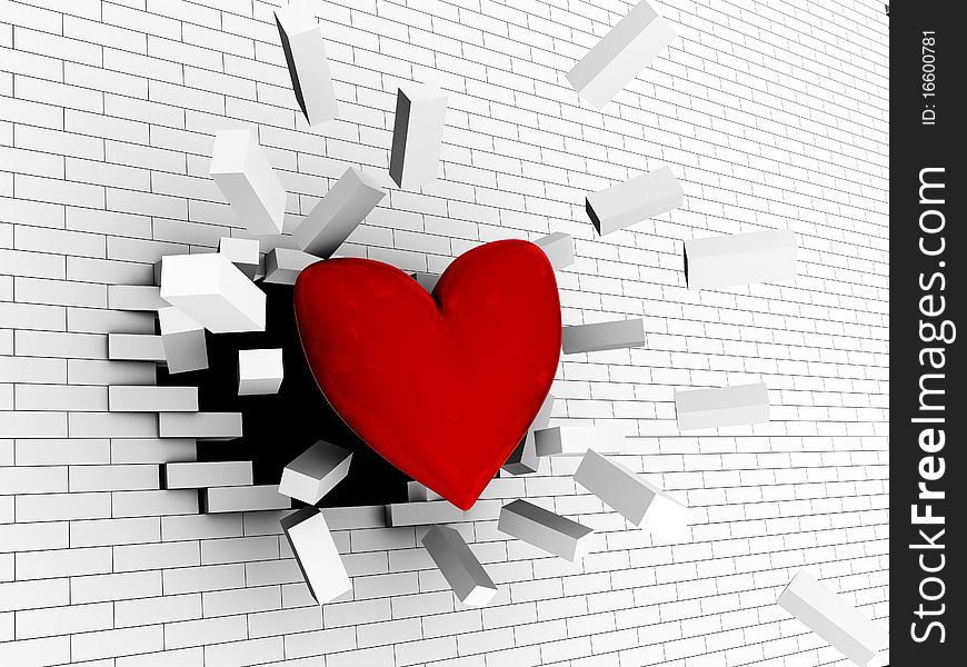 Abstract 3d illustration of red heart breaking wall, strong love concept