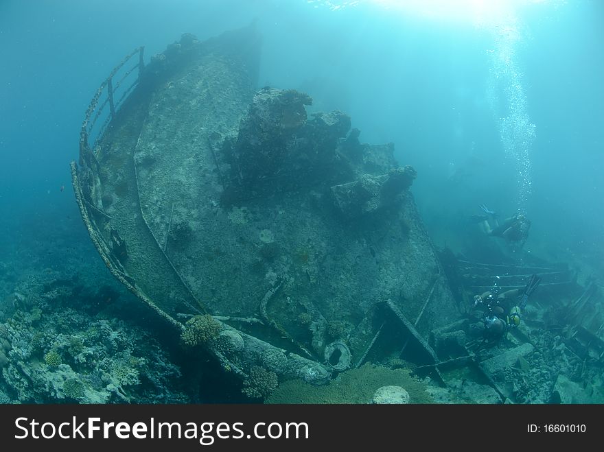 Shipwreck of the Kormoran sitting in shallow water. Shipwreck of the Kormoran sitting in shallow water