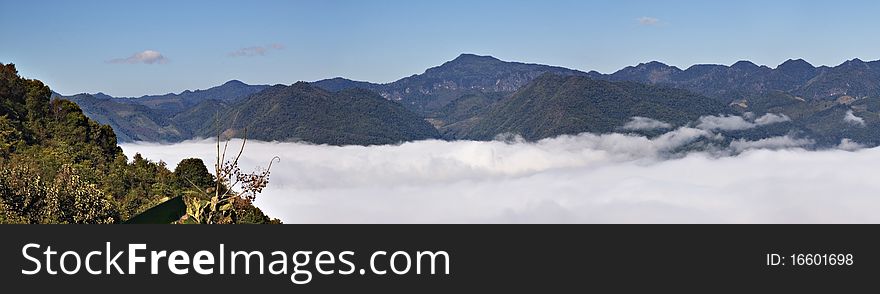 Above the clouds on the Annam Highlands mountain range in Laos
