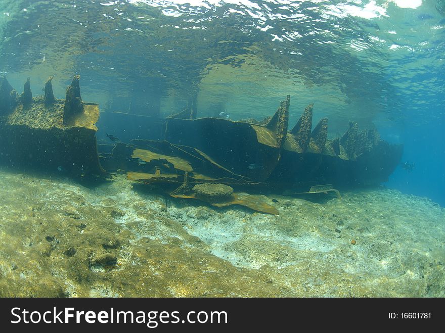 Underwater view of the shipwreck SS Lara which struck Jackson reef situated in the Straits of Tiran in 1982. Jackson Reef, Red Sea, Egypt. Underwater view of the shipwreck SS Lara which struck Jackson reef situated in the Straits of Tiran in 1982. Jackson Reef, Red Sea, Egypt.