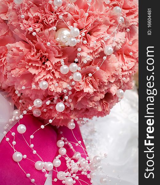 Closeup shot of pink wedding bouquet