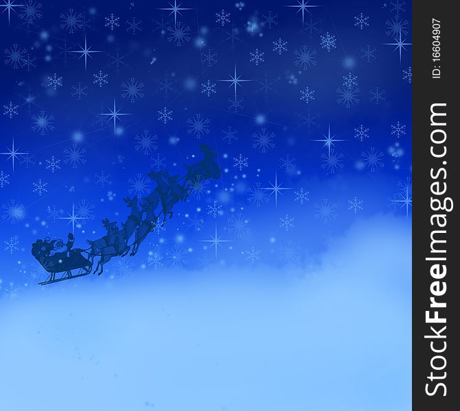 Santa Claus with gifts in sledge flies on the star dark blue sky among clouds. Santa Claus with gifts in sledge flies on the star dark blue sky among clouds.