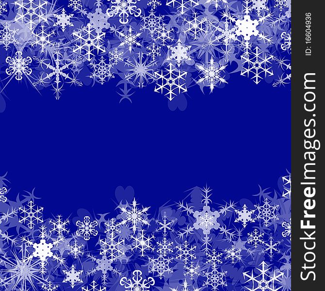 The image of snowflakes of white and blue colors on a dark blue background. The image of snowflakes of white and blue colors on a dark blue background.