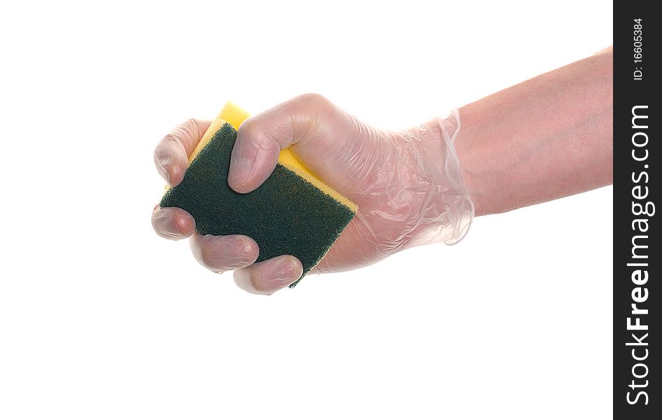 Hand with a sponge isolated over white