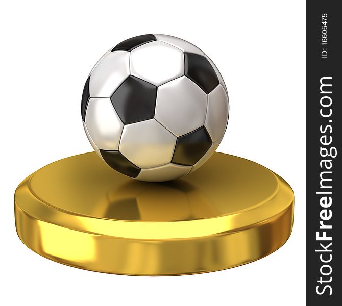 Soccer ball on gold podium isolated on white background