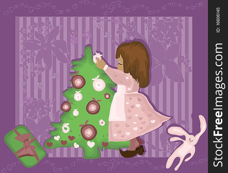 Vector illustration of little girl decorating the fur-tree. Vector illustration of little girl decorating the fur-tree
