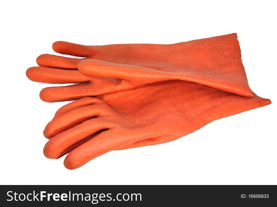 The Red Rubber Gloves On The White Surface