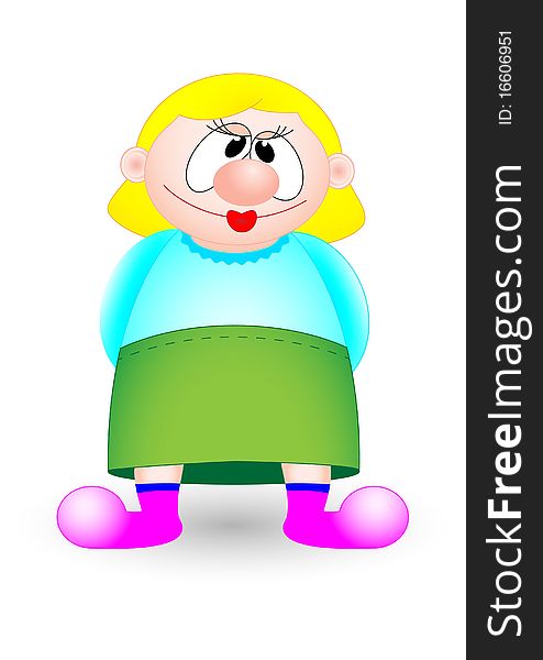 Woman in green skirt and blue blouse. Vector image.