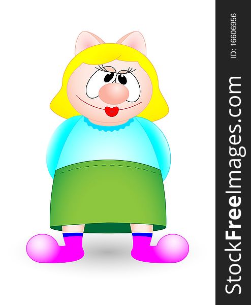 Cat in green skirt and blue blouse. Vector image.