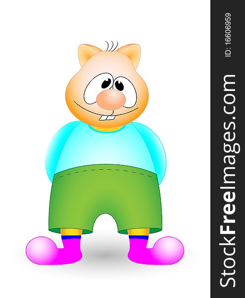 Cat in a blue shirt and green shorts. Vector image.