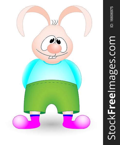 Hare in a blue shirt and green shorts. Vector image.