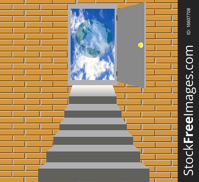 Stairway leading to open door skyward. Stairway leading to open door skyward