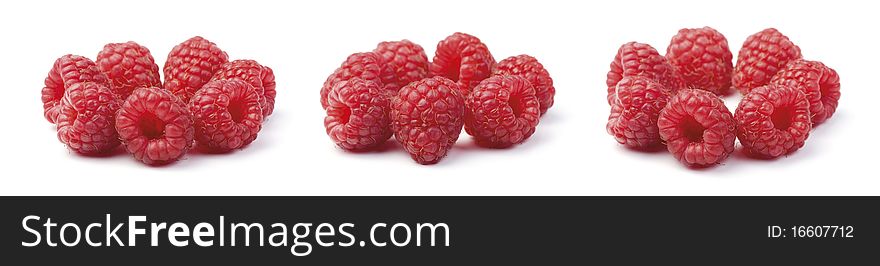 Various fresh organic garden raspberries isolated on white background. Three compositions of the circle. Various fresh organic garden raspberries isolated on white background. Three compositions of the circle.