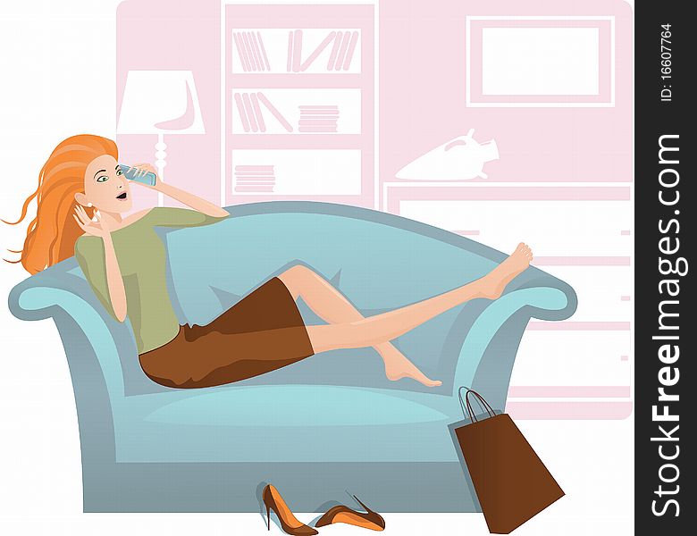 Image of a young girl, who is resting on the couch and talking on a mobile phone. Image of a young girl, who is resting on the couch and talking on a mobile phone.