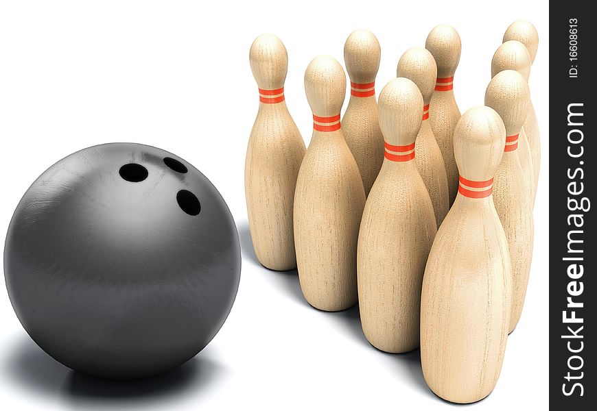 Skittles and black ball on white background, bowling