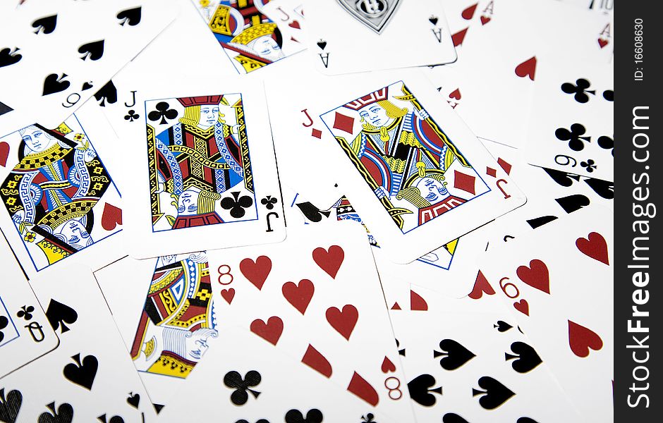 Mixed playing cards close-up